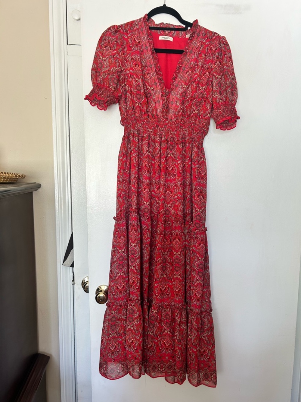 Max Studio Red Paisley V-Neck Smocked Maxi Dress